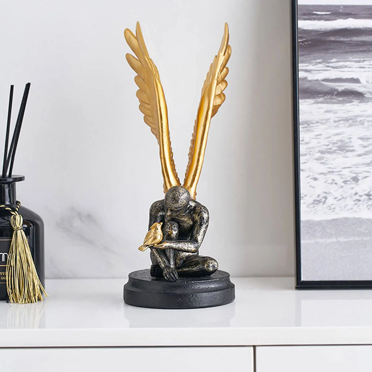 Angel with Golden Wings Statue Abstract Art Sculpture - Image 3