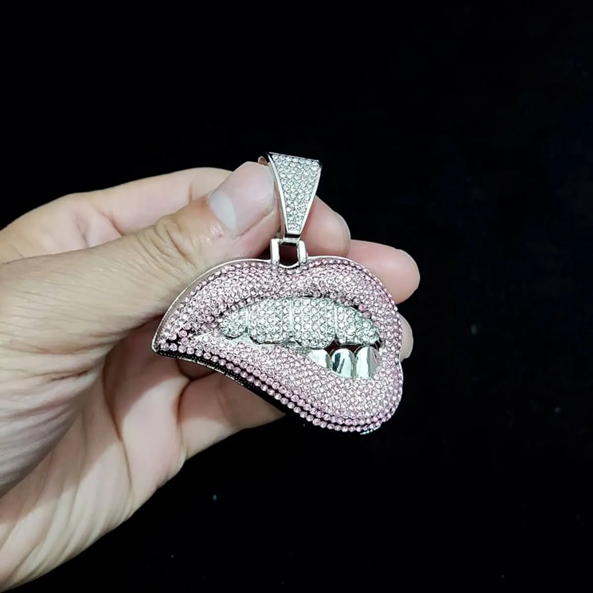 Bite Lip Shape Pendant Crystal Cuban Chain Necklace - Image 16