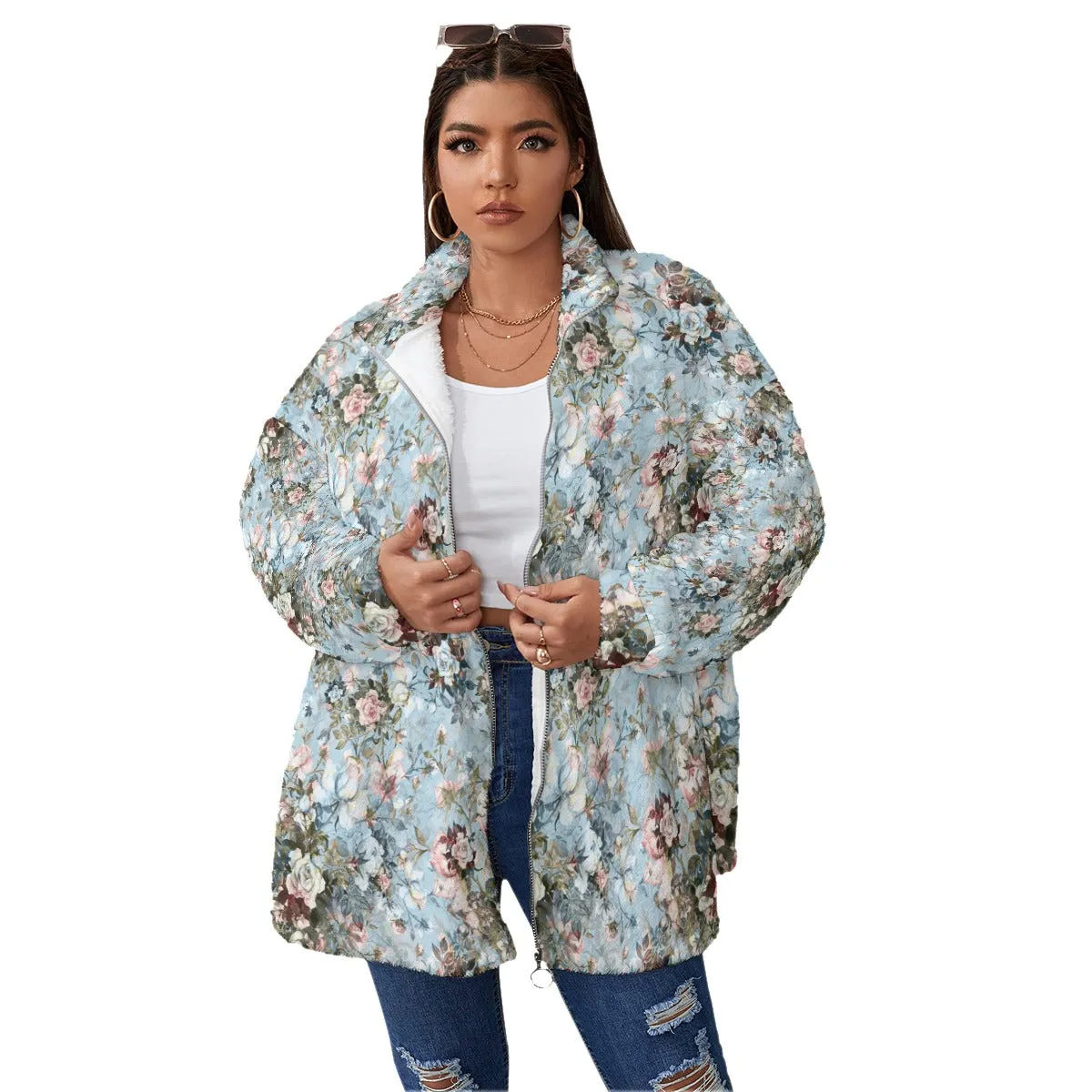 Blue Sky Fashion Flowers Women's Borg Fleece Oversize Jacket
