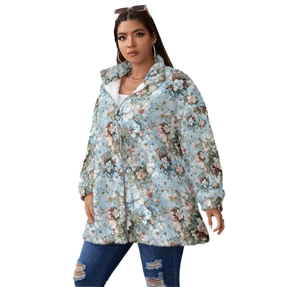 Blue Sky Fashion Flowers Women's Borg Fleece Oversize Jacket - Image 2