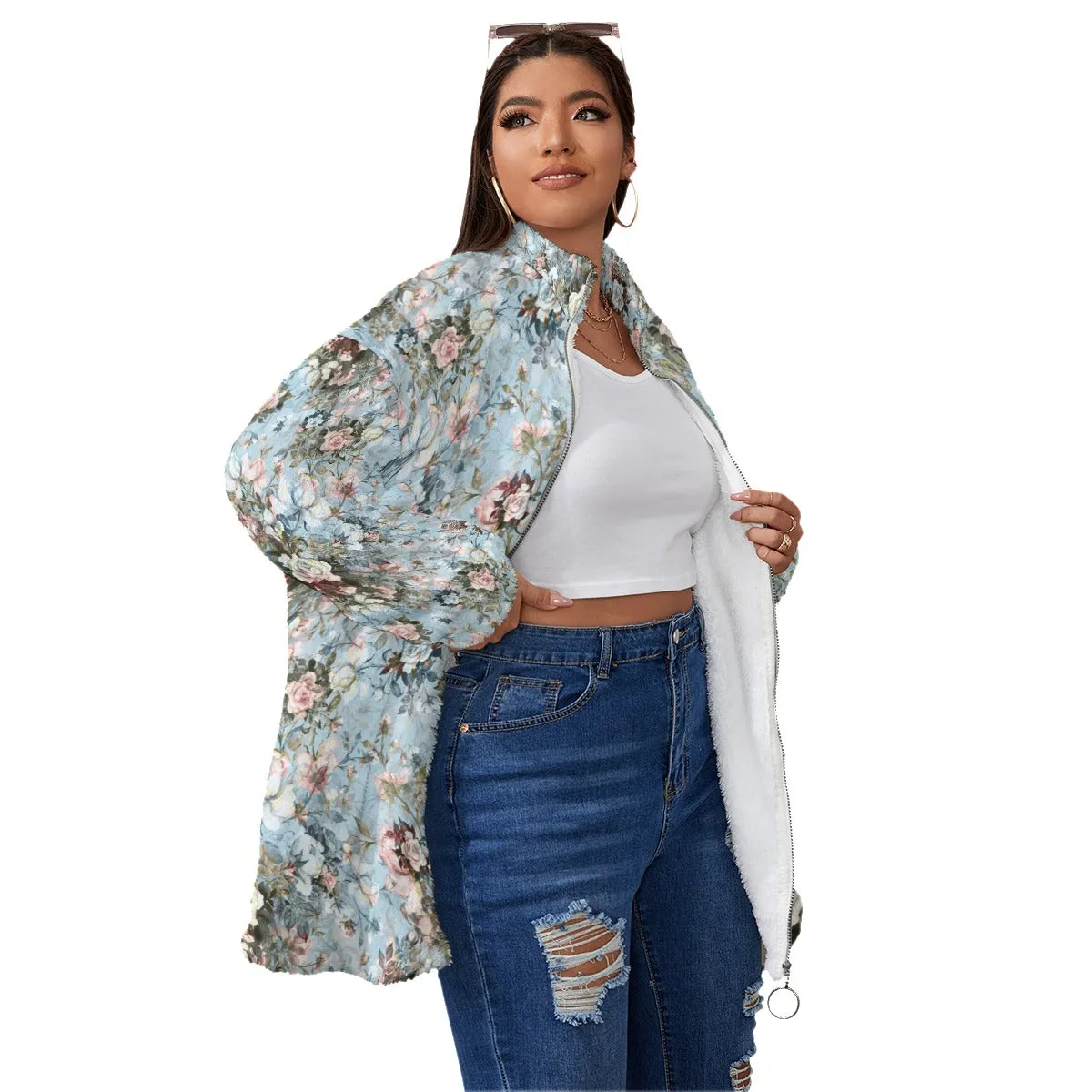 Blue Sky Fashion Flowers Women's Borg Fleece Oversize Jacket - Image 3