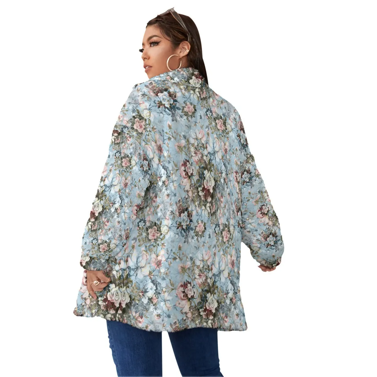 Blue Sky Fashion Flowers Women's Borg Fleece Oversize Jacket - Image 4