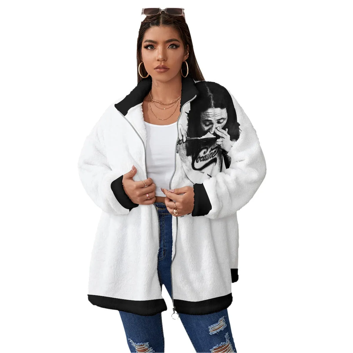 Cocaine is everywhere Women's Borg Fleece Oversize Jacket - Image 2