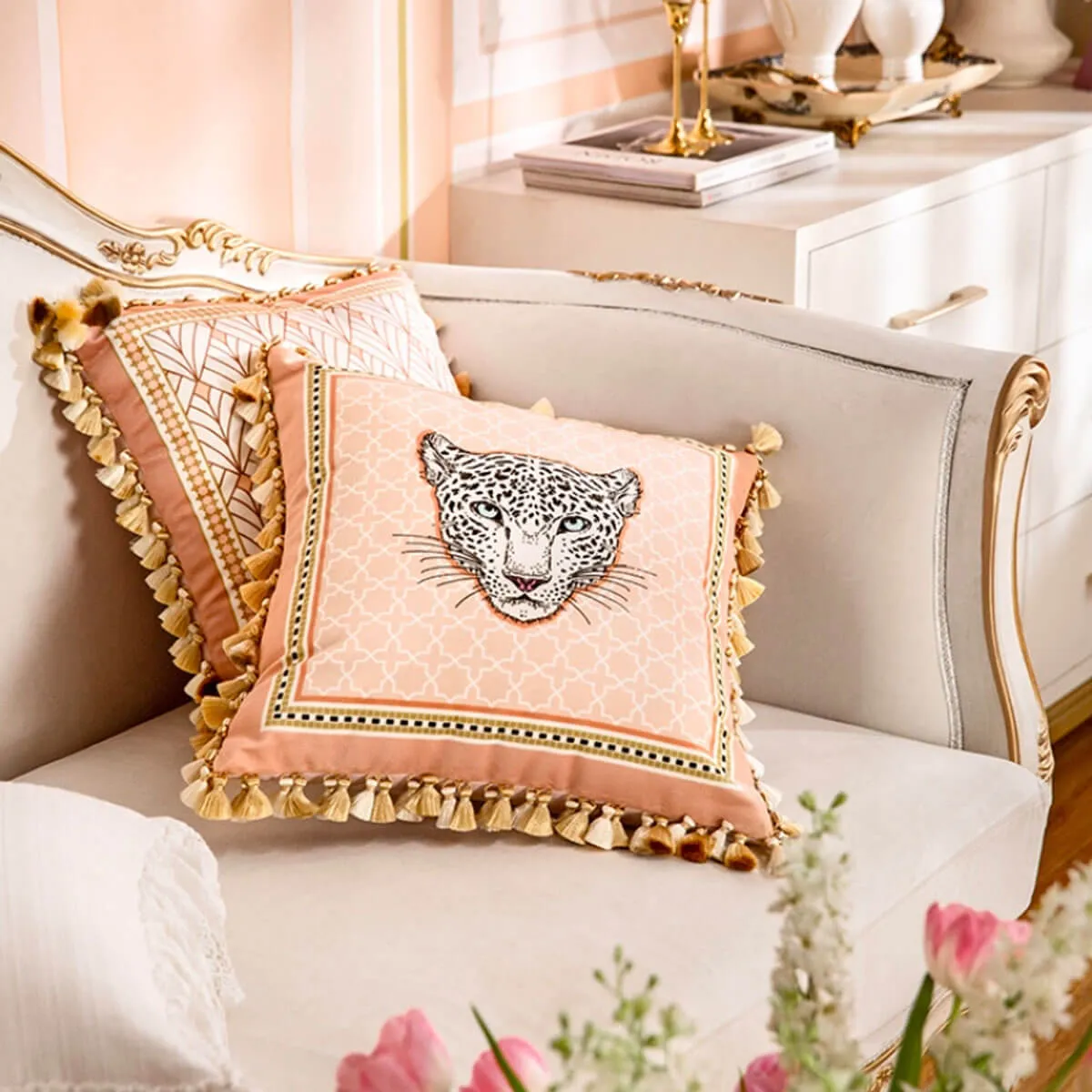 Cushion Cover Square Pillow Case Vintage Luxury Rubber Pink Leopard - Image 3