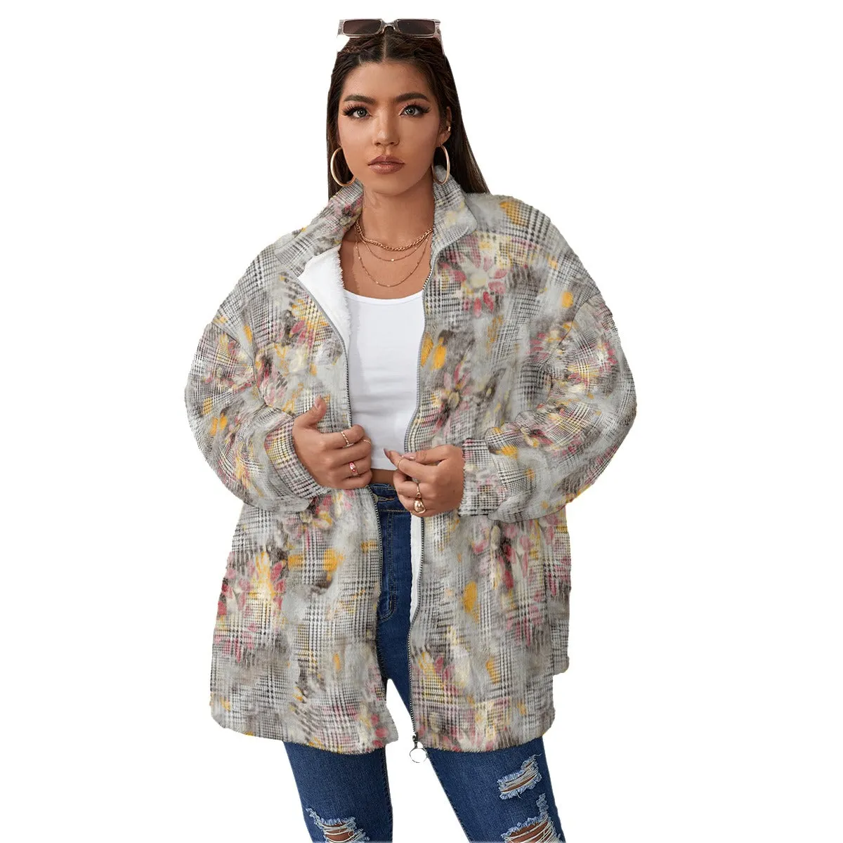 Fashion Abstract Flowers Women's Borg Fleece Oversize Jacket
