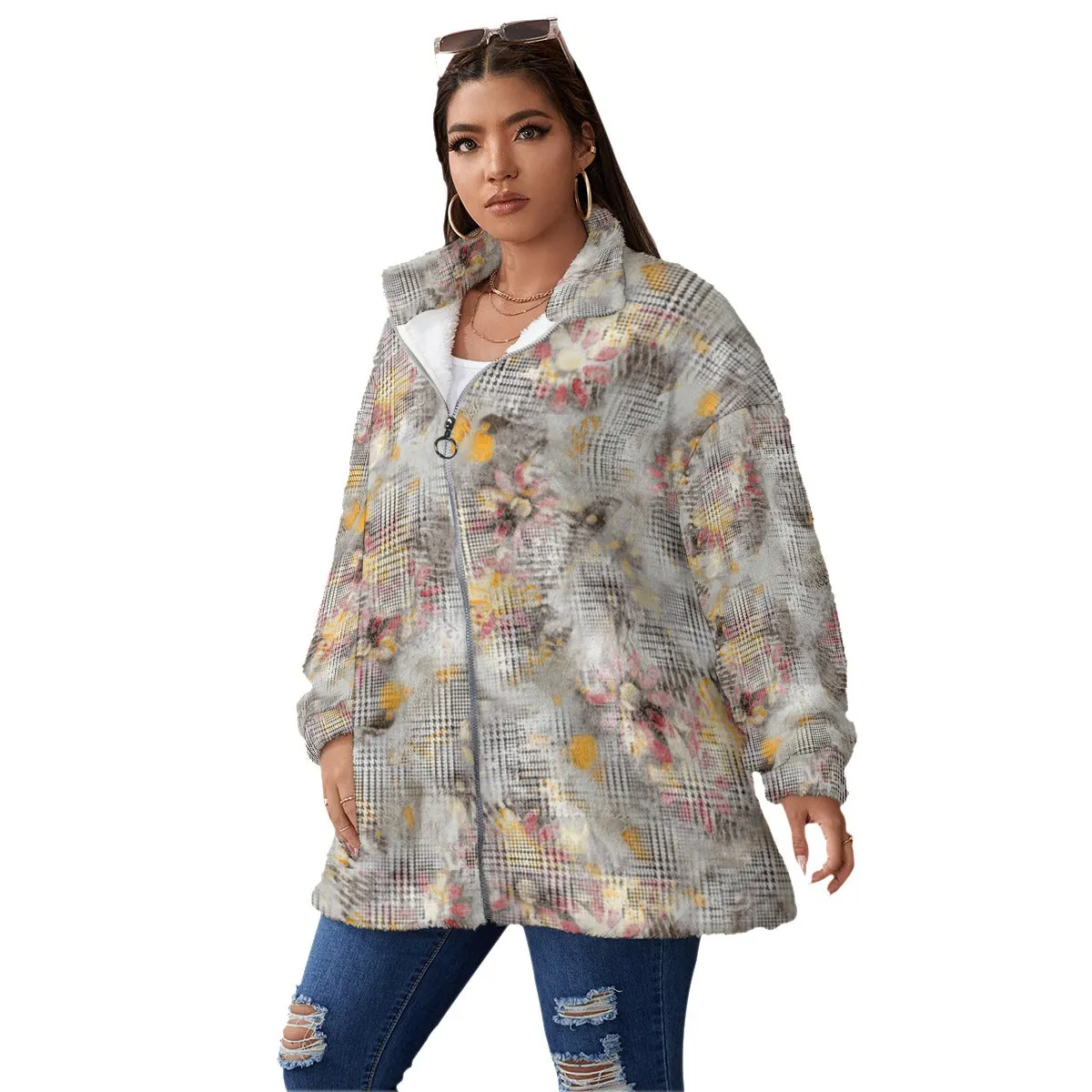 Fashion Abstract Flowers Women's Borg Fleece Oversize Jacket - Image 2