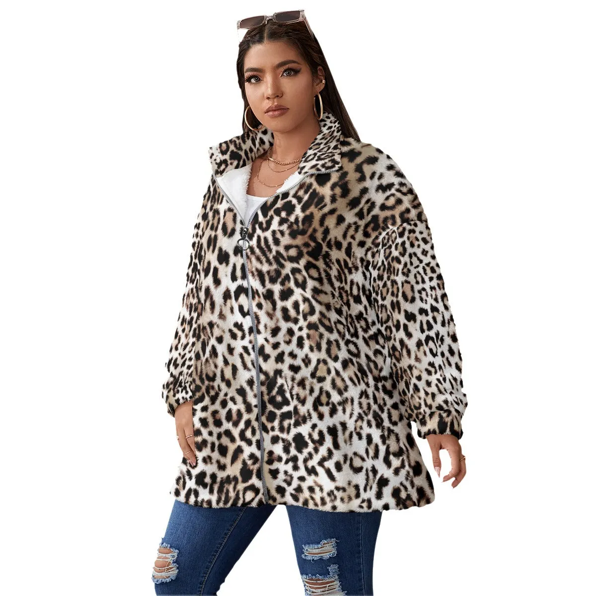 Fashion Leopard Print Women's Borg Fleece Oversize Jacket - Image 2