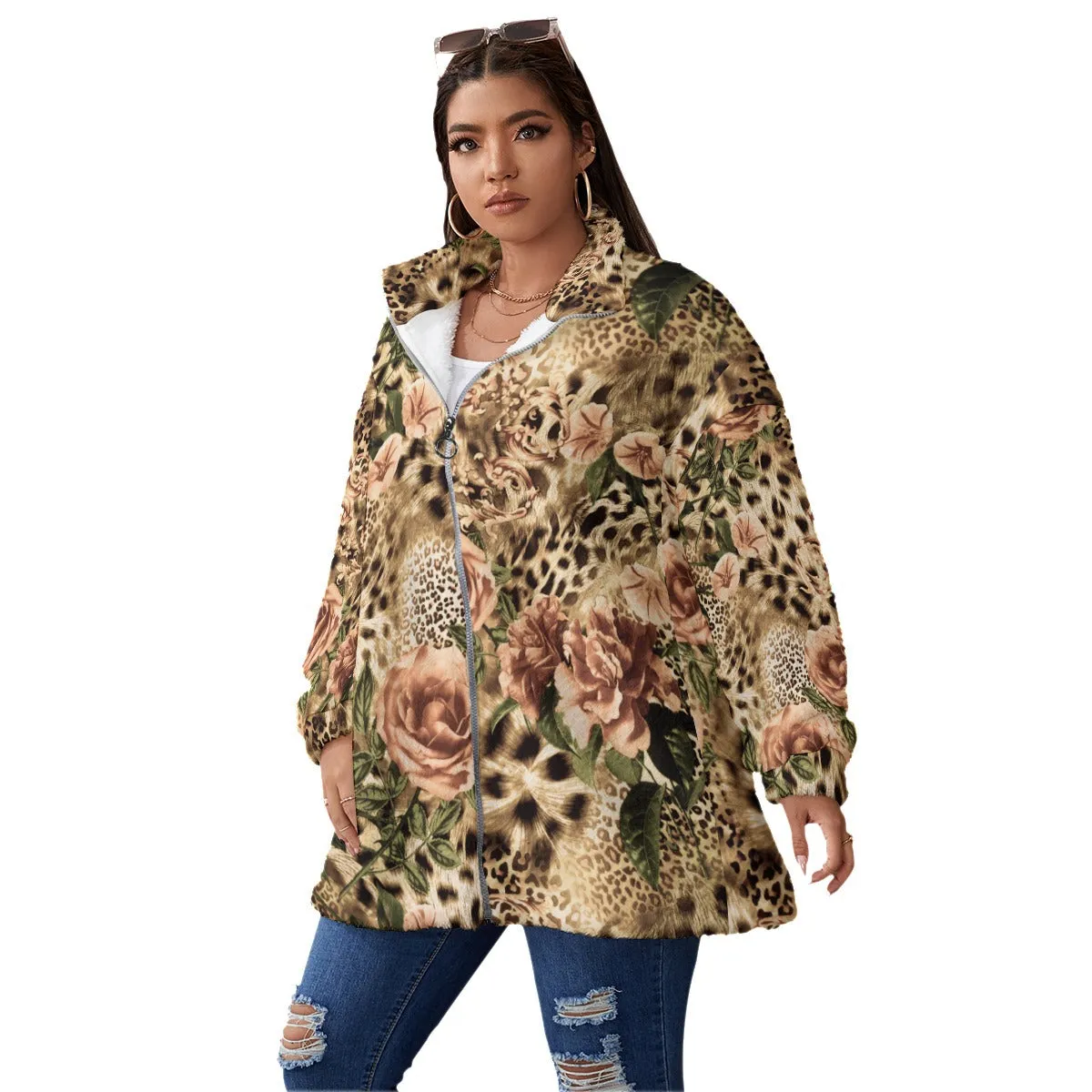 Fashion Roses and Leopard Women's Borg Fleece Oversize Jacket