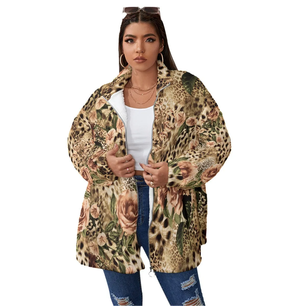 Fashion Roses and Leopard Women's Borg Fleece Oversize Jacket - Image 2