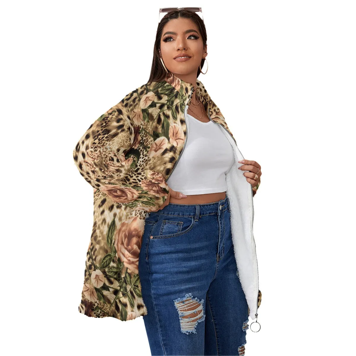 Fashion Roses and Leopard Women's Borg Fleece Oversize Jacket - Image 3
