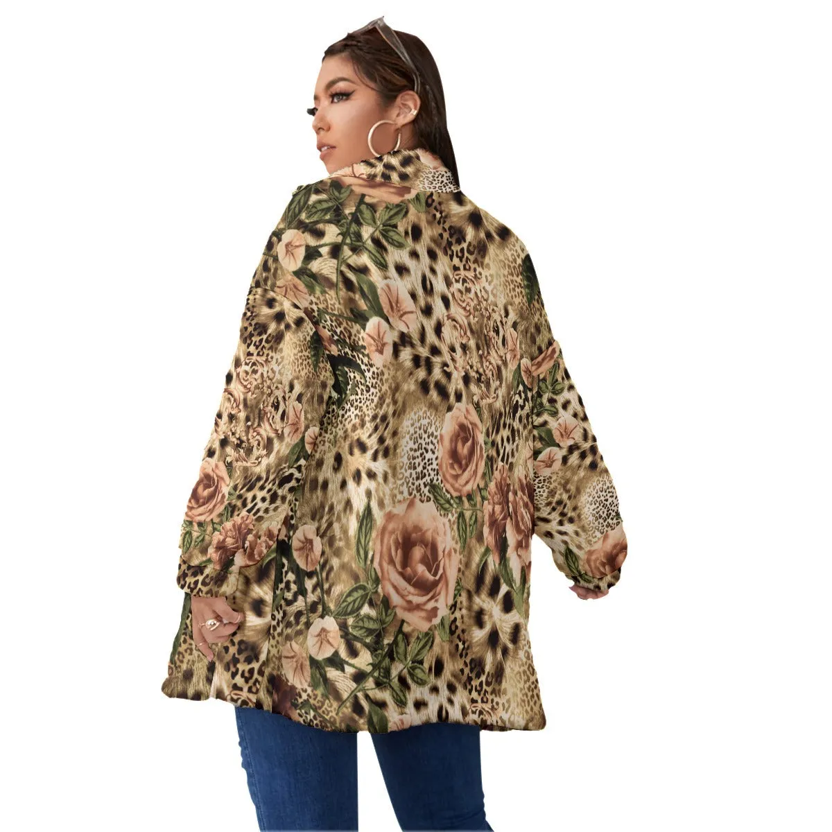 Fashion Roses and Leopard Women's Borg Fleece Oversize Jacket - Image 4