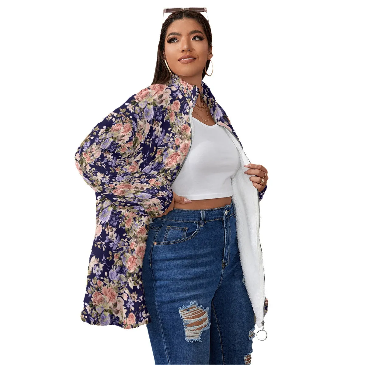 Floral Purple Roses Fashion Women's Borg Fleece Oversize Jacket