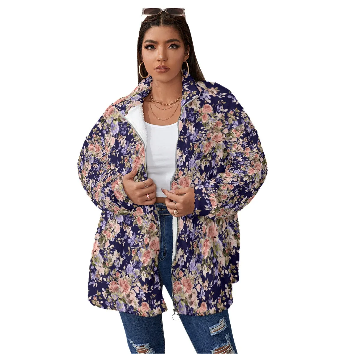 Floral Purple Roses Fashion Women's Borg Fleece Oversize Jacket - Image 2