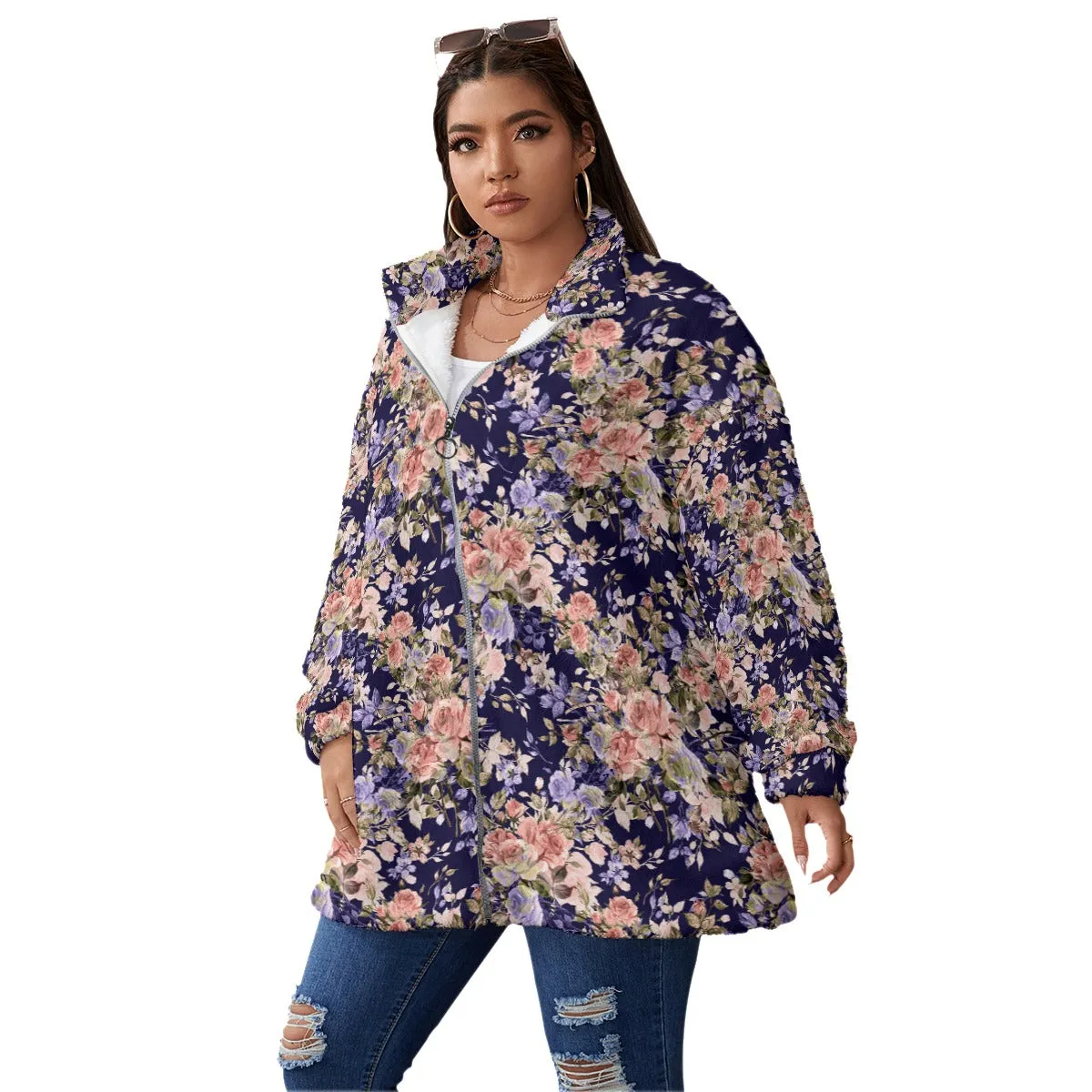 Floral Purple Roses Fashion Women's Borg Fleece Oversize Jacket - Image 3