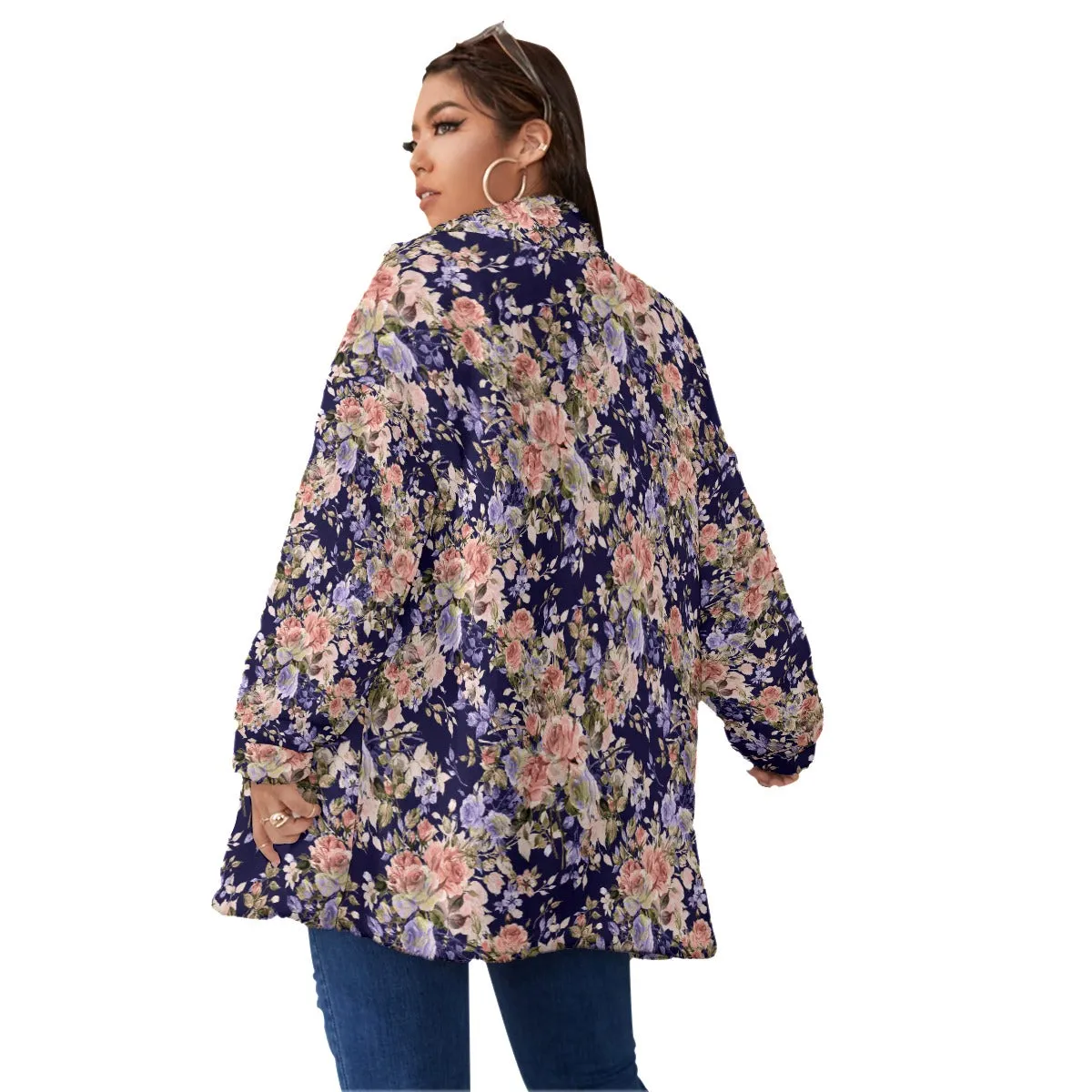 Floral Purple Roses Fashion Women's Borg Fleece Oversize Jacket - Image 4