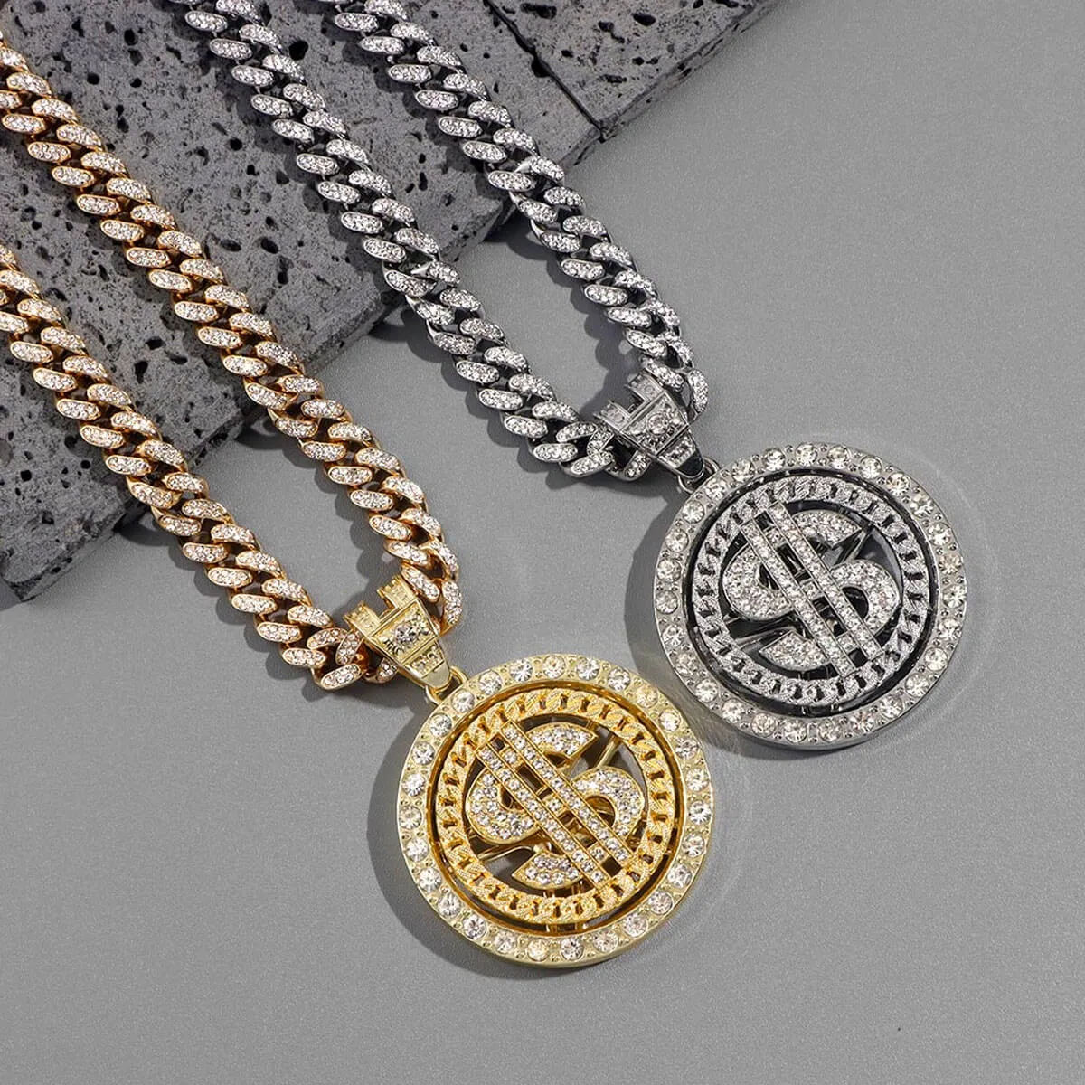 Iced Out Bling Bling Rotating Dollar Pendant Necklace - Image 7