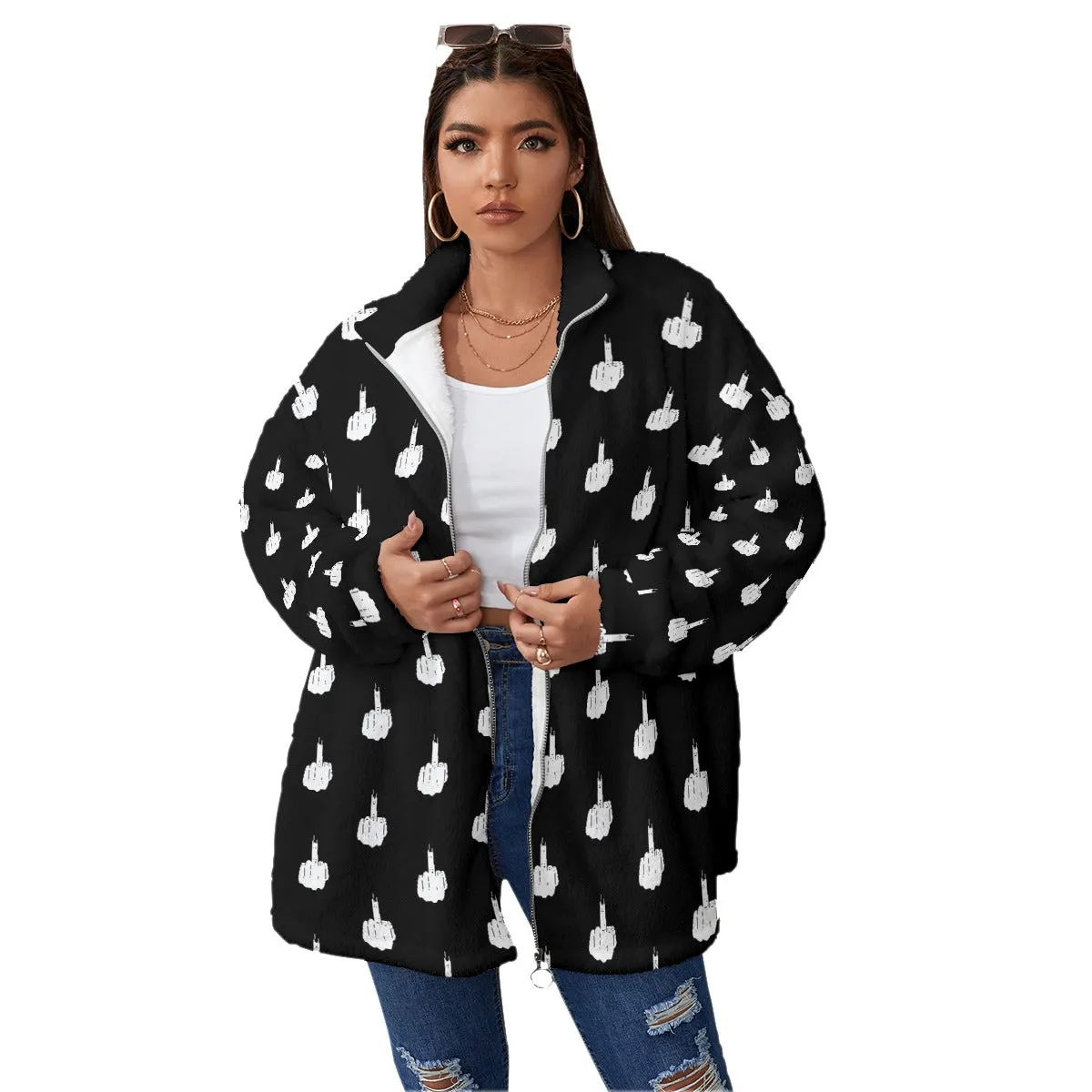 Kiss My Middle Finger Women's Borg Fleece Oversize Jacket - Image 2