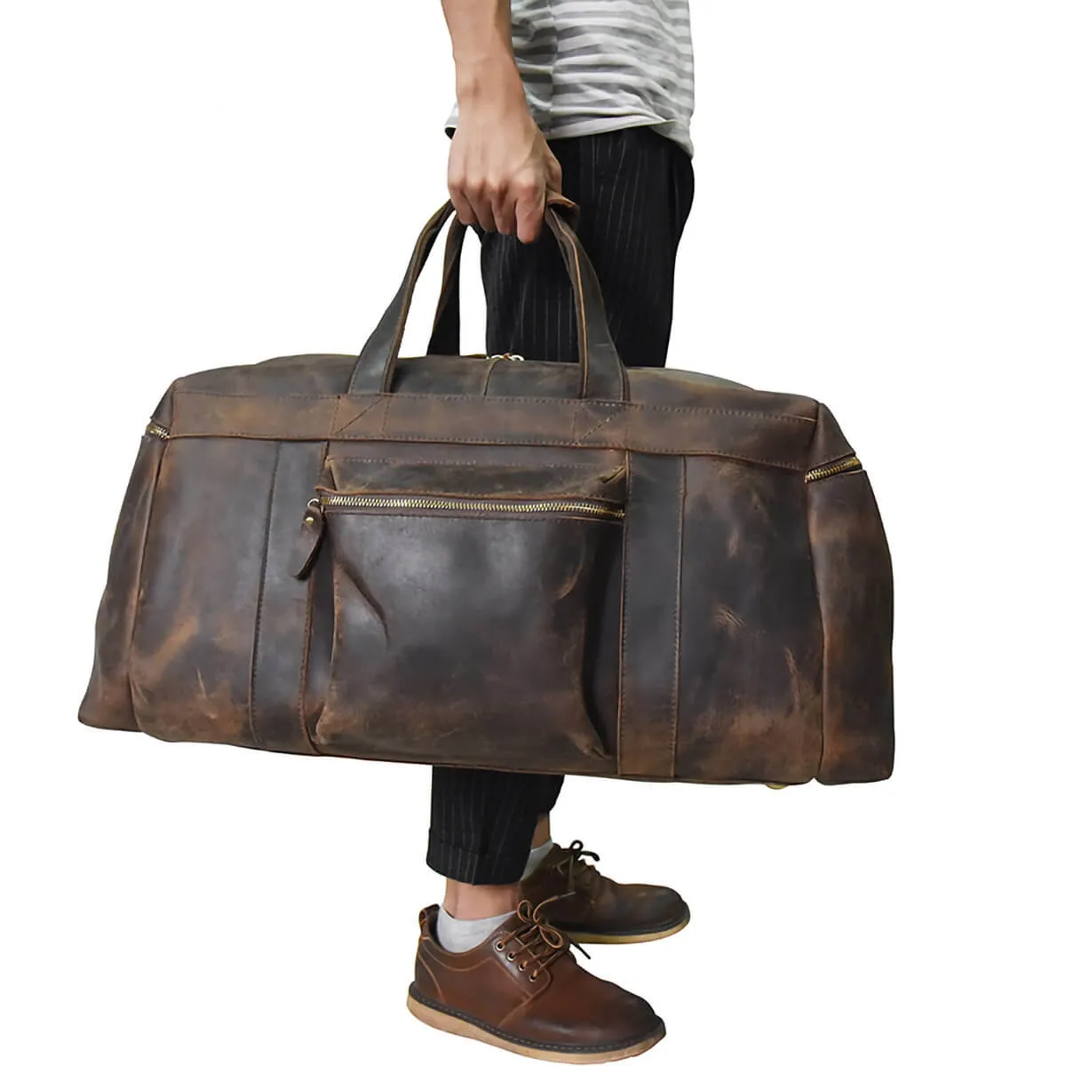 Large Capacity Leather Travel Brown Duffel Bag - Image 10