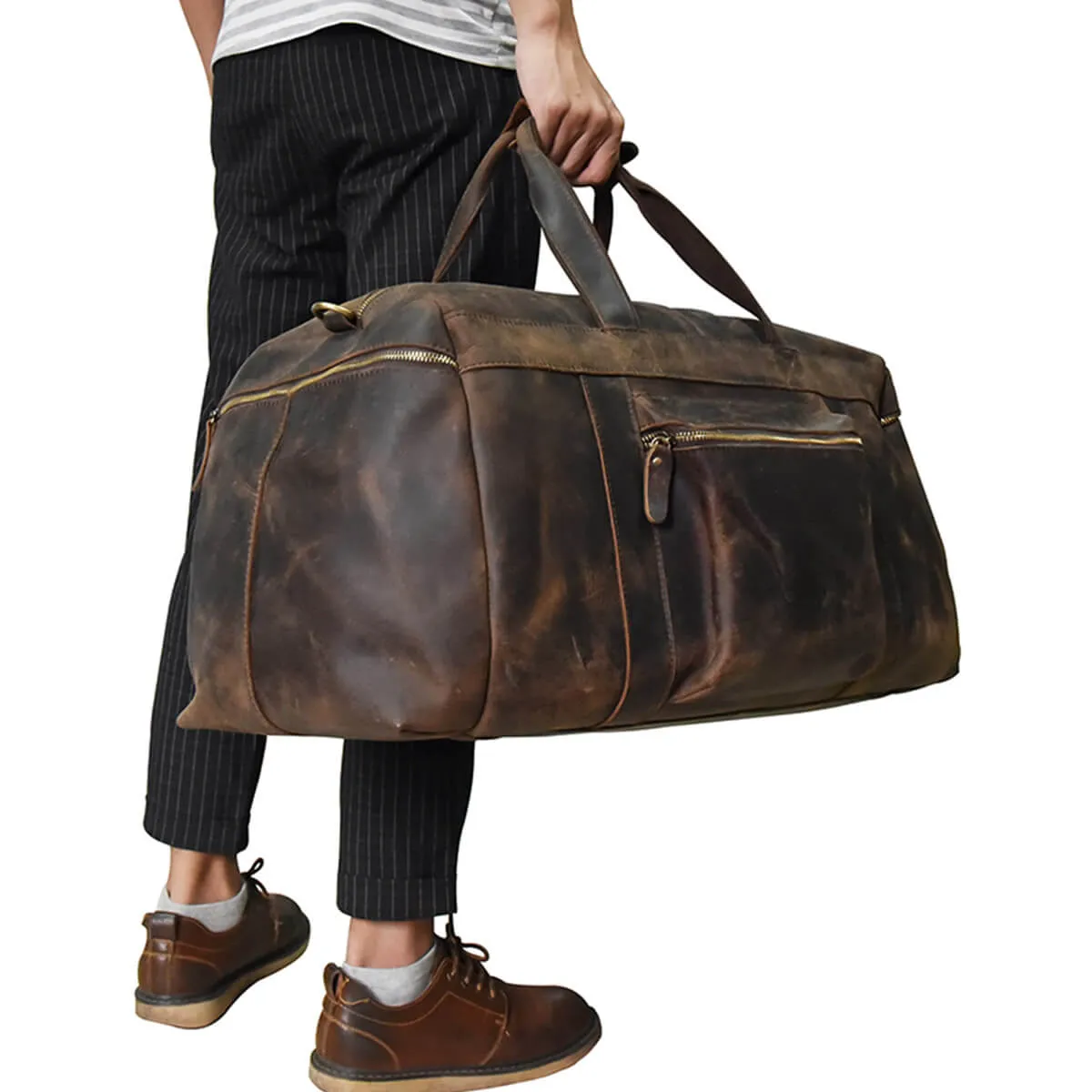 Large Capacity Leather Travel Brown Duffel Bag - Image 11