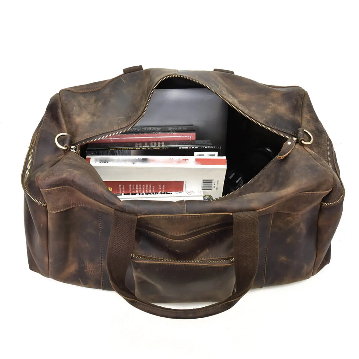 Large Capacity Leather Travel Brown Duffel Bag - Image 5