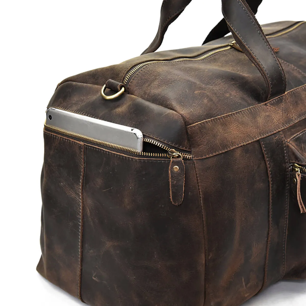 Large Capacity Leather Travel Brown Duffel Bag - Image 6