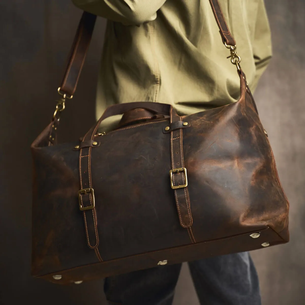 Large Travel Genuine Leather Vintage Style Luggage Bag - Image 3