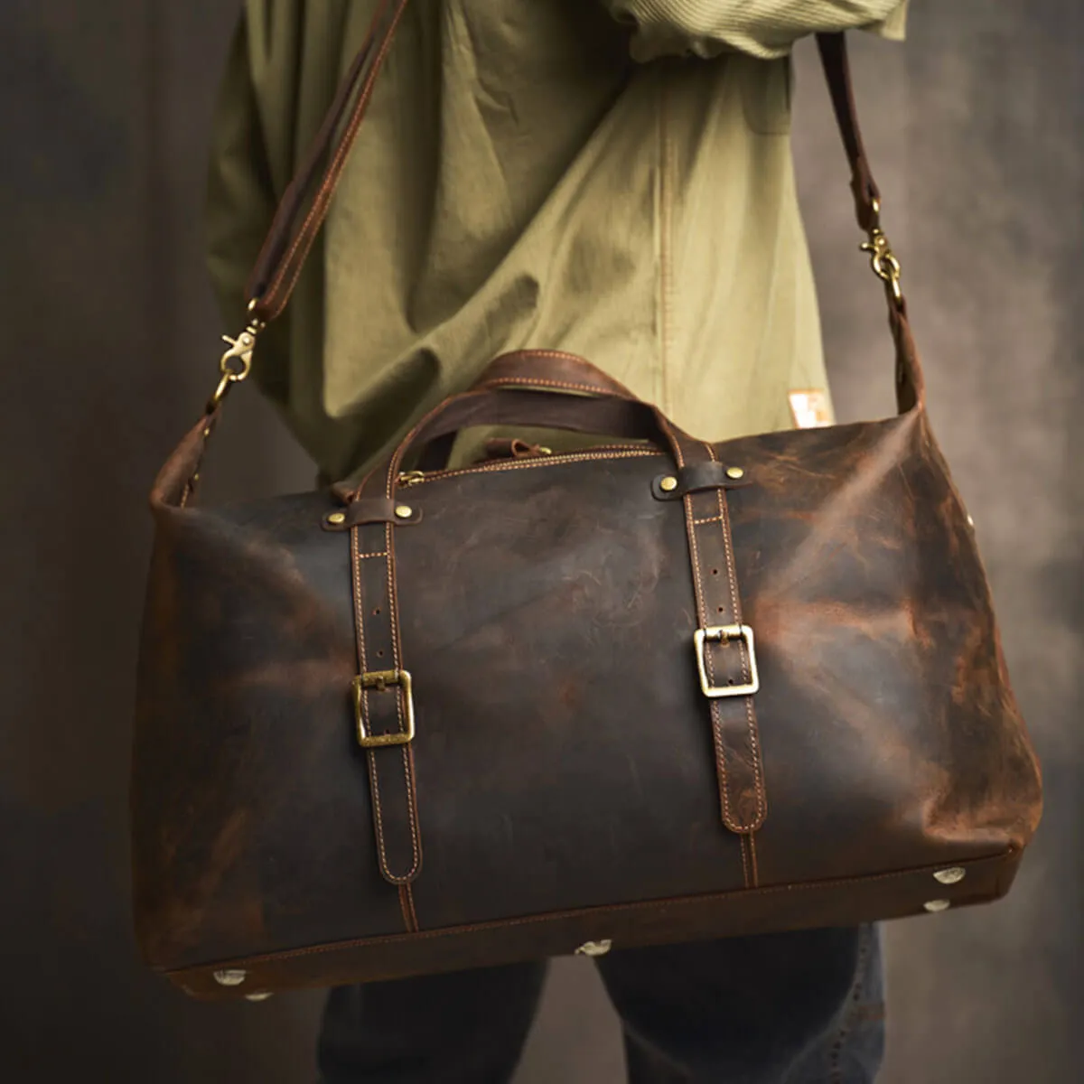 Large Travel Genuine Leather Vintage Style Luggage Bag - Image 4