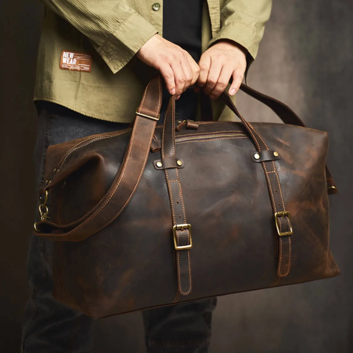 Large Travel Genuine Leather Vintage Style Luggage Bag - Image 5
