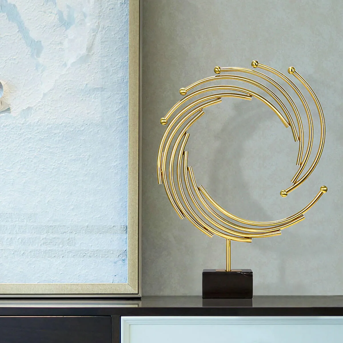 Modern Golden Metal Annulus Statue Marble Sculpture Art - Image 4