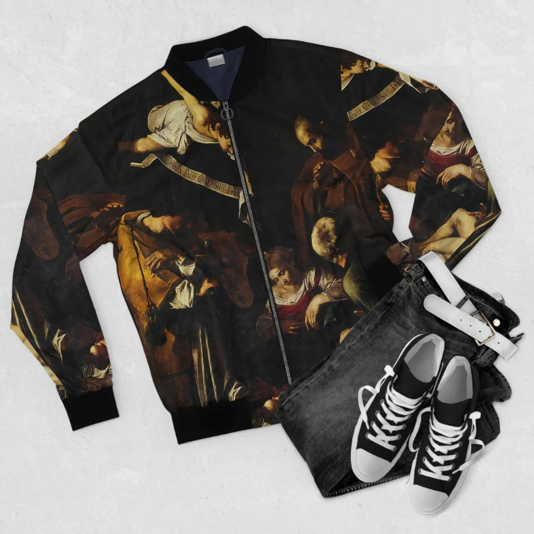 Nativity with St Francis and St Lawrence by Caravaggio Art Bomber Jacket - Image 4