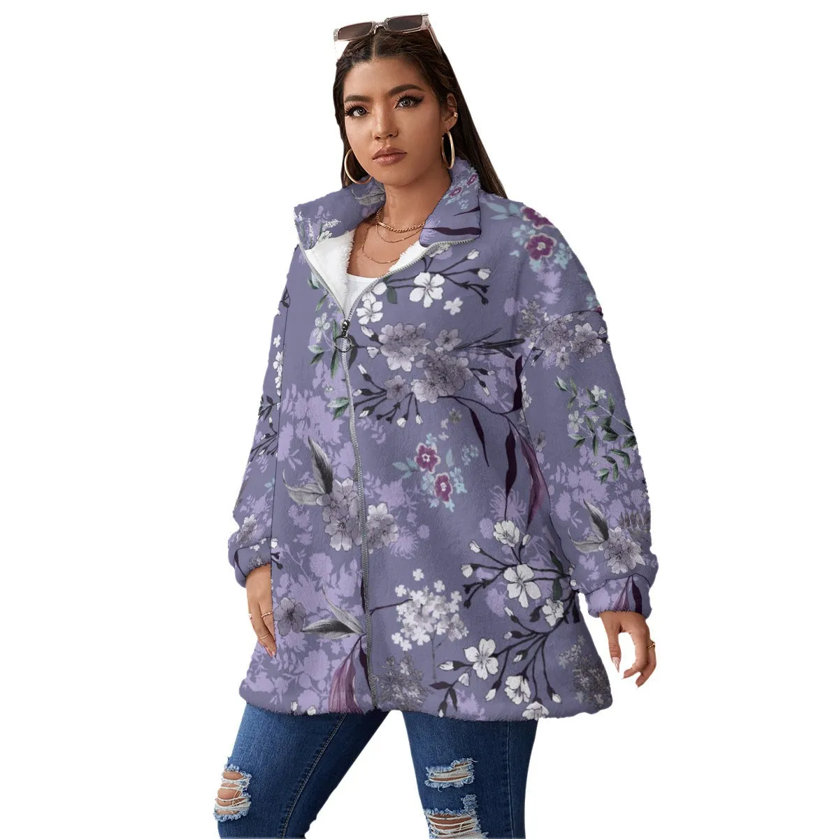 Purple Flowers Art Women's Borg Fleece Oversize Jacket - Image 2
