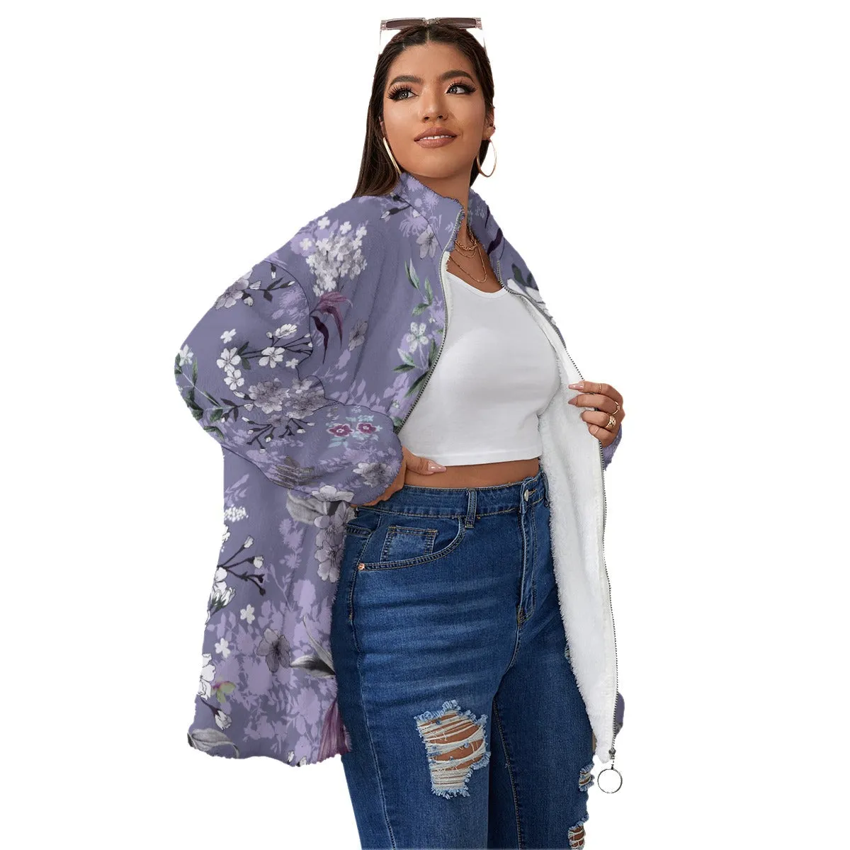 Purple Flowers Art Women's Borg Fleece Oversize Jacket - Image 3