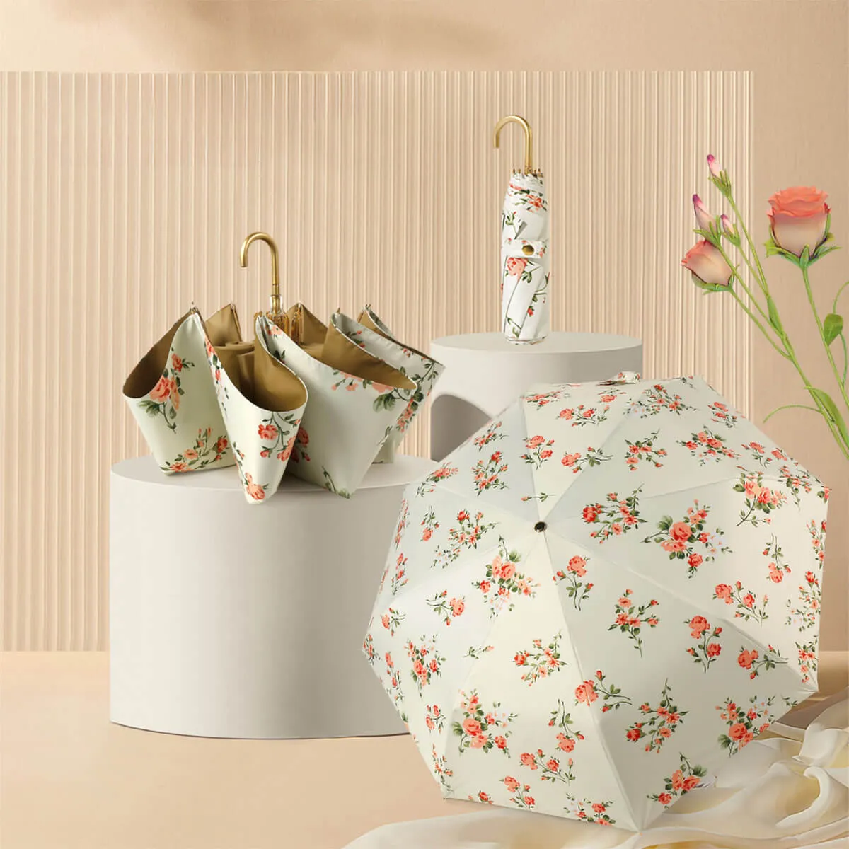 Retro Flower Umbrella – Ultra-Light 3-Fold Golden Hook - Image 5
