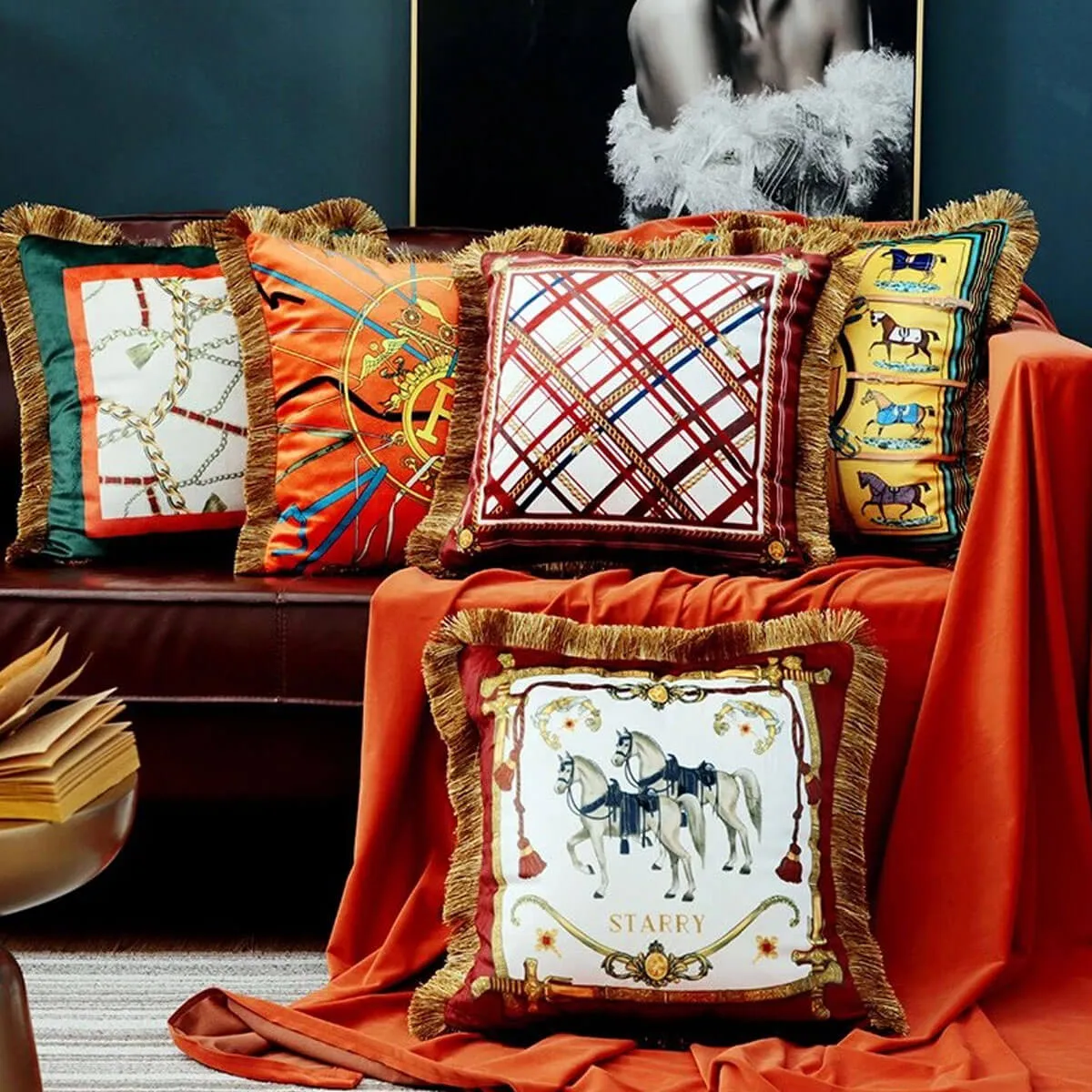 Retro Luxury Printed Cushion Cover Velvet Tassel Edge Sofa Cushion Pillowcase - Image 2