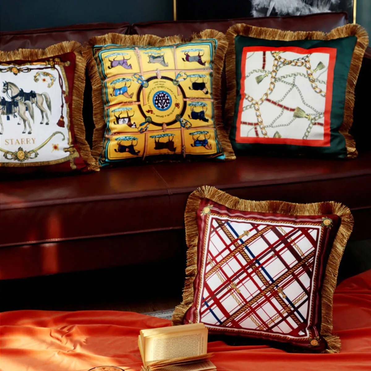 Retro Luxury Printed Cushion Cover Velvet Tassel Edge Sofa Cushion Pillowcase - Image 3