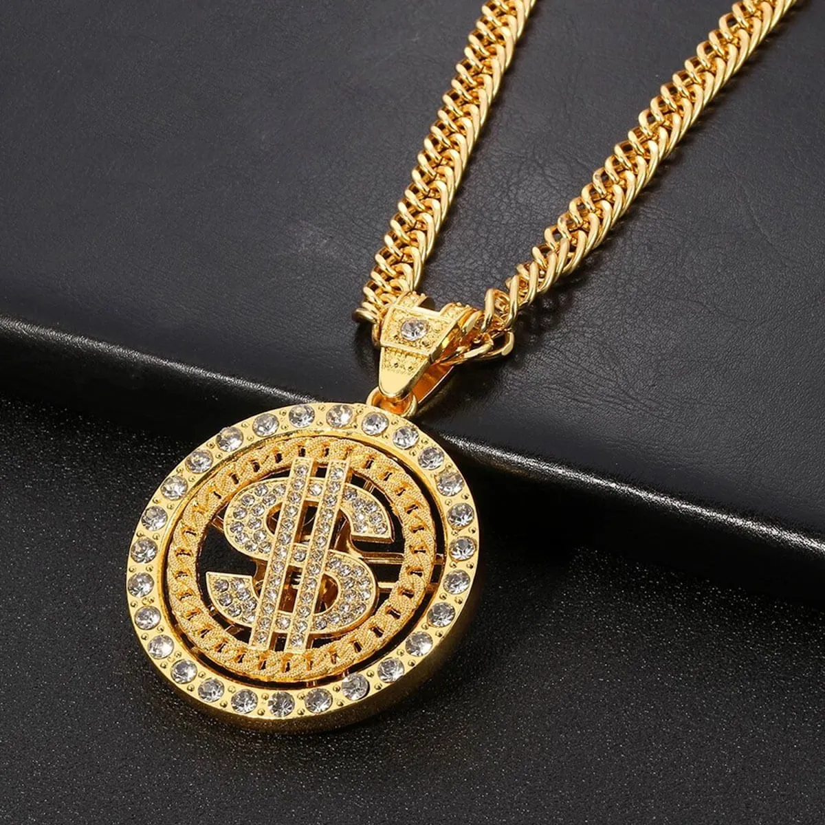 Rotating Dollar Pendant Iced Out Bling Necklace