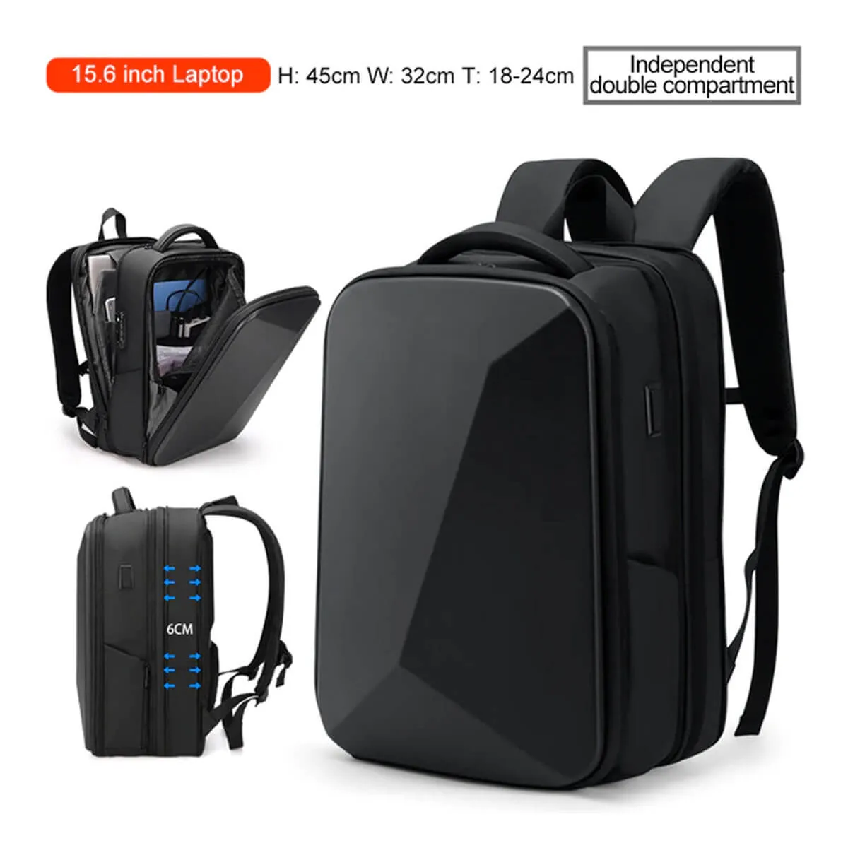 Ultra Thin Hard Shell Waterproof Business USB Charge Backpack - Image 2
